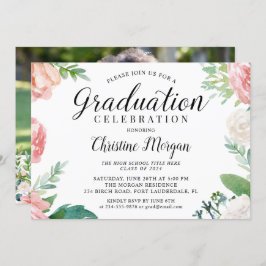 Invitación Elegante Script Watercolor Floral Photo Graduation