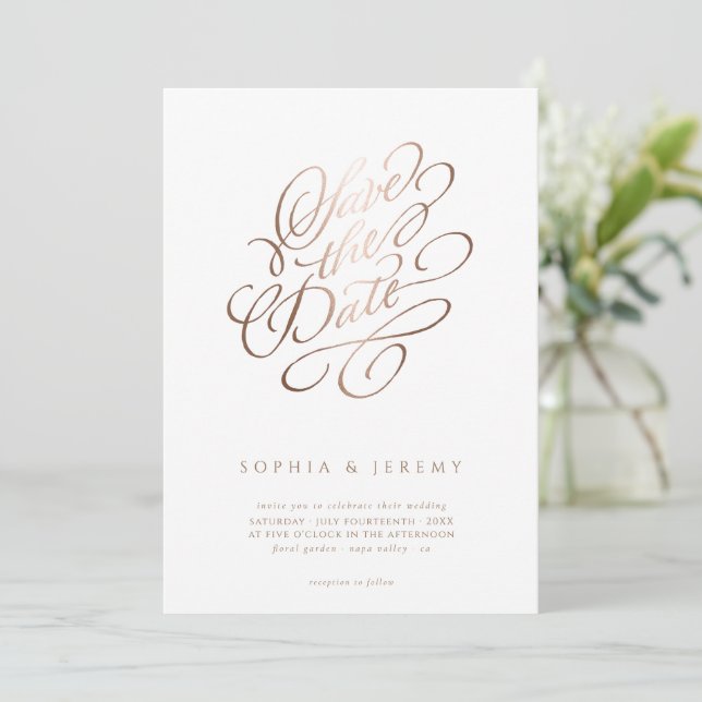 Invitación Elegante Script Wedding Save The Date Rosa Gold (Anverso de pie)