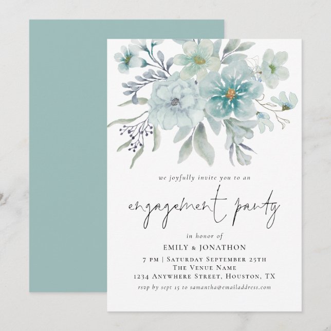 Invitación Elegante Sea Mist Verde azulado Florals Partido de (Anverso / Reverso)
