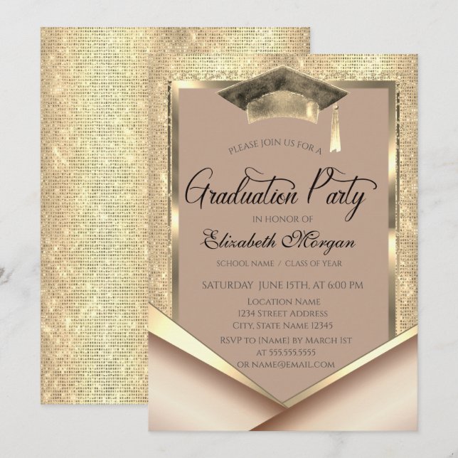 Invitación Elegante secuencia de cuadros dorados Graduación (Anverso / Reverso)