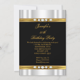 Invitación Elegante seda negra dorada plateada Cumpleaños con