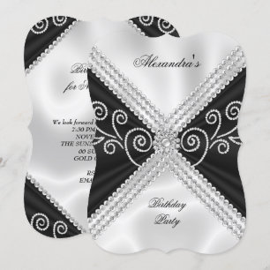 Invitación Elegante seda negra y blanca joya cumpleaños fiest