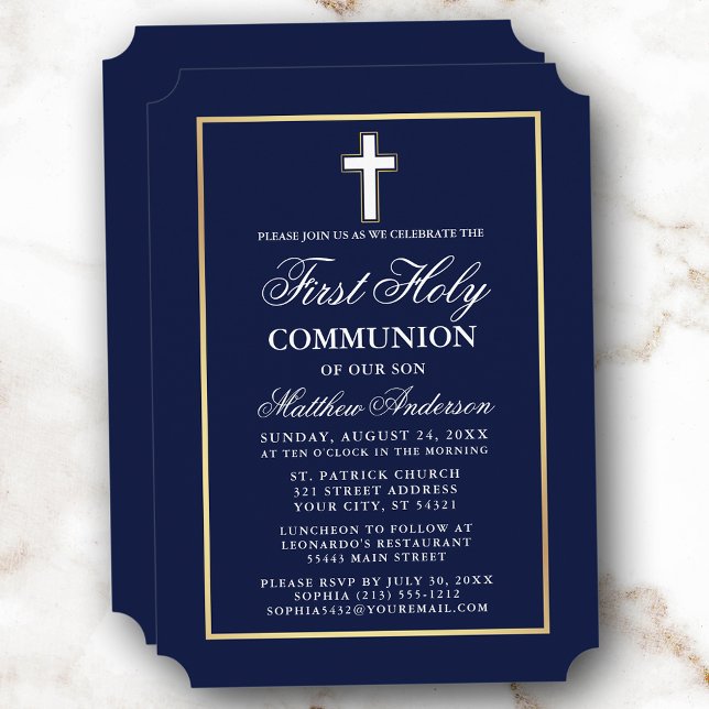 Invitación Elegante Sello dorado Marina Azul Primera Santa Co (Customize to change text size, style or color. )