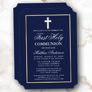 Invitación Elegante Sello dorado Marina Azul Primera Santa Co