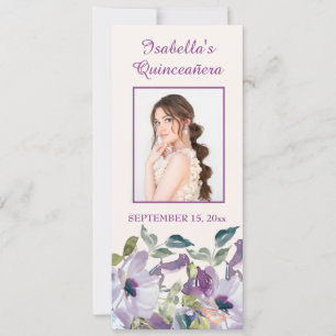 Invitación Elegante Señalador de Quinceañera Floral Lila Azul