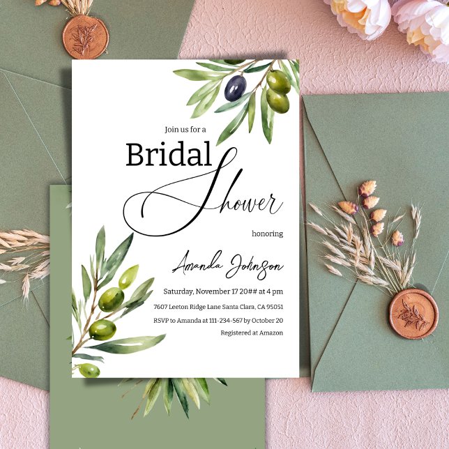 Invitación Elegante Sencilla Acuarela Olive Bridal Shower (Subido por el creador)