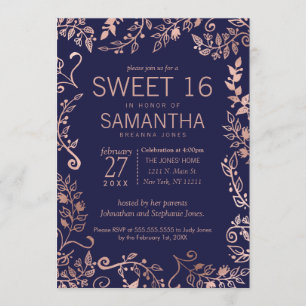 Invitación Elegante Sencilla Marina Azul Rosa Dorado Floral D