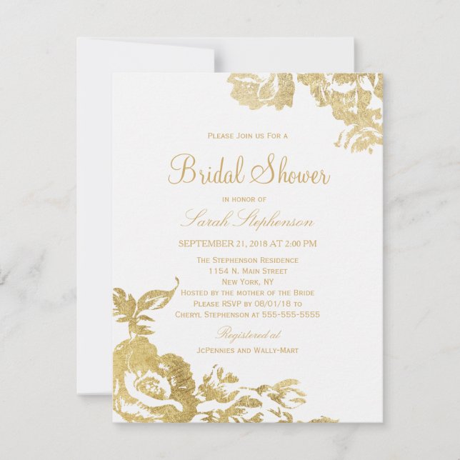 Invitación Elegante Sencilla Moderna Floral Dorada Ducha Noda (Anverso)
