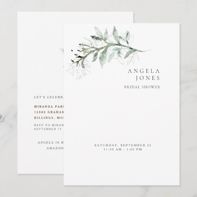 Invitación Elegante Sencillez Foliage Bridal Ducha Blanca (Anverso / Reverso)