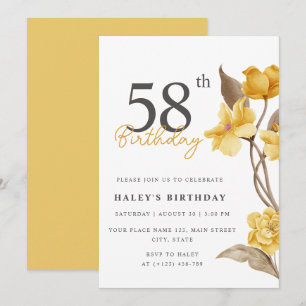Invitación Elegante Sencillo Floral Amarillo Cumpleaños 58