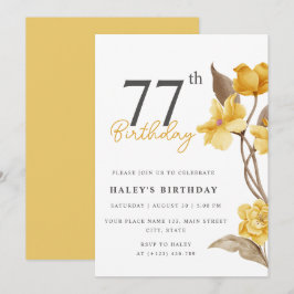 Invitación Elegante Sencillo Floral Amarillo Cumpleaños 77