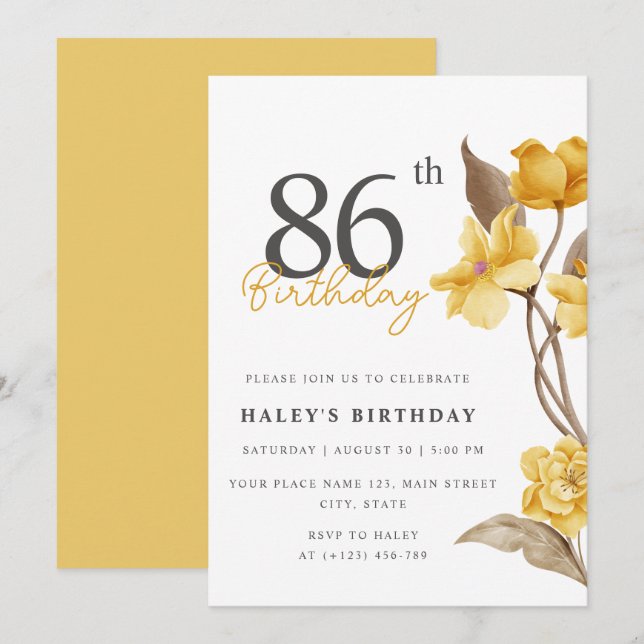 Invitación Elegante Sencillo Floral Amarillo Cumpleaños 86 (Anverso / Reverso)
