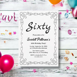 Invitación Elegante Sencillo Floral Blanco y Negro 60 cumplea