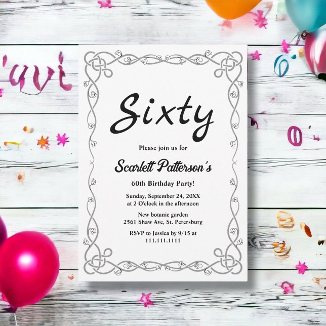 Invitación Elegante Sencillo Floral Blanco y Negro 60 cumplea (Subido por el creador)