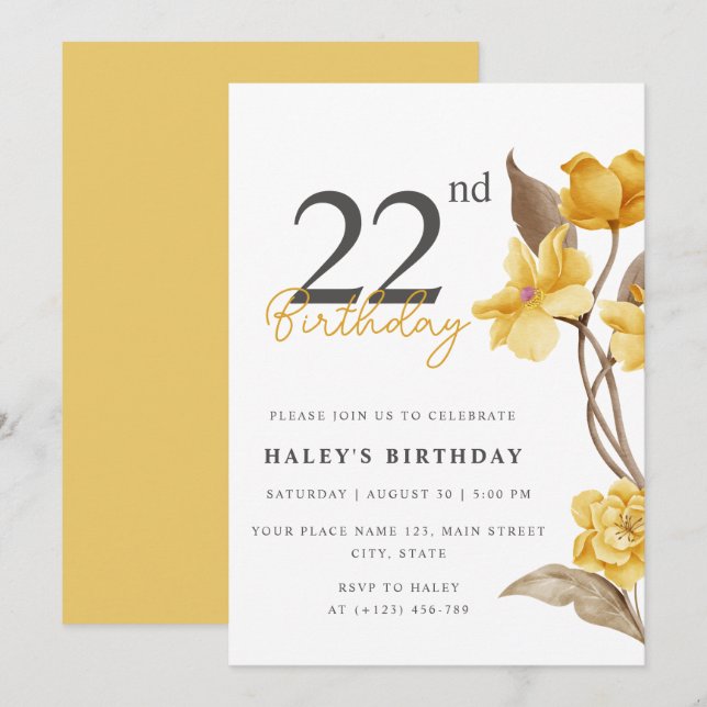 Invitación Elegante Sencillo Floral Cumpleaños 22 Amarillo (Anverso / Reverso)