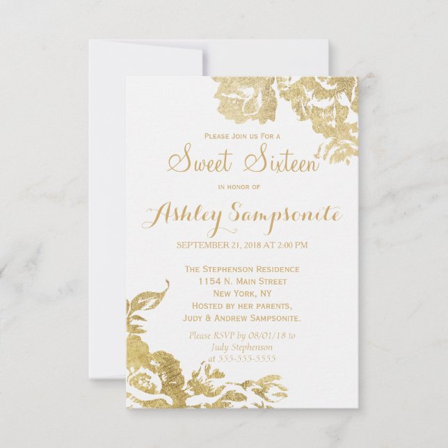 Invitación Elegante Sencillo Moderno Rosa Floral Dorado Dulce (Anverso)