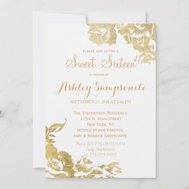 Invitación Elegante Sencillo Moderno Rosa Floral Dorado Dulce (Anverso)