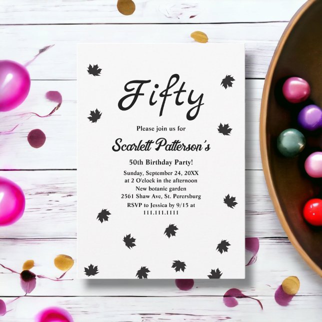 Invitación Elegante Sencillo Negro Y Blanco Caída 50 Cumpleañ (Subido por el creador)