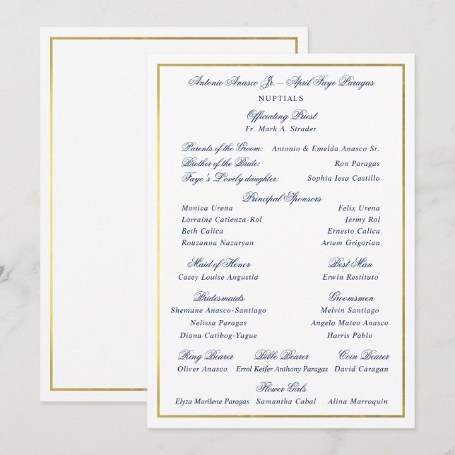Invitación Elegante séquito personalizado de navy con borde d (Anverso / Reverso)