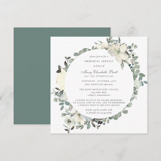 Invitación Elegante servicio botánico en memoria de floral bl (Anverso / Reverso)