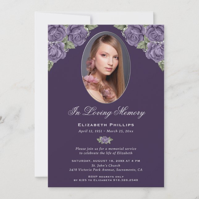Invitación Elegante servicio conmemorativo de fotos con flore (Anverso)