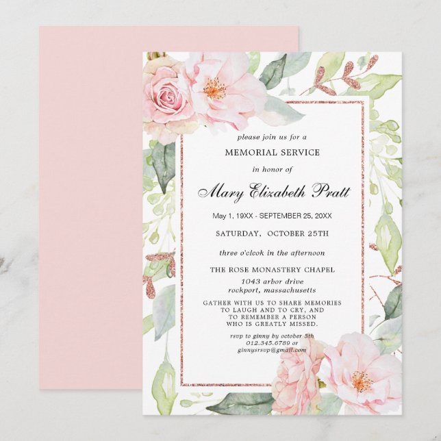 Invitación Elegante servicio conmemorativo de oro floral rosa (Anverso / Reverso)