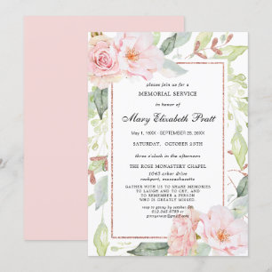 Invitación Elegante servicio conmemorativo de oro floral rosa