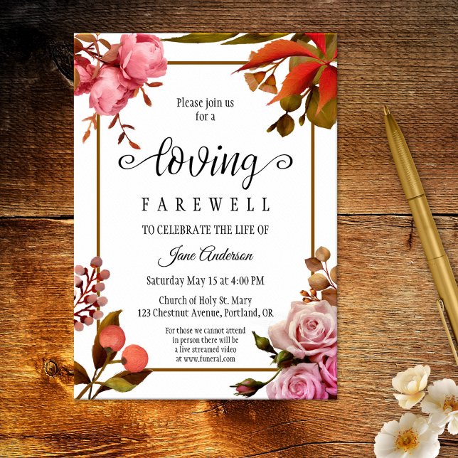 Invitación Elegante servicio de funerales florales (Elegant floral memorial or funeral service invitation featuring a painting of flowers and berries)