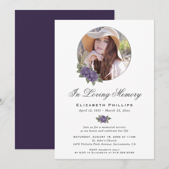 Invitación Elegante servicio de memoria Purple Floral (Anverso / Reverso)