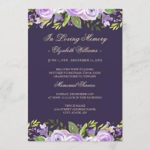 Invitación Elegante Servicio Memorial de Acuarela Floral Púrp