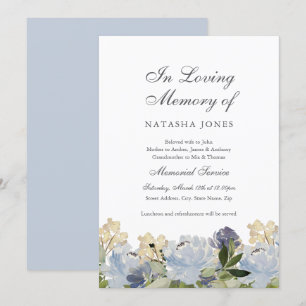 Invitación Elegante Servicio Memorial Floral Azul