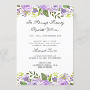 Invitación Elegante Servicio Memorial Floral de Acuarela Púrp