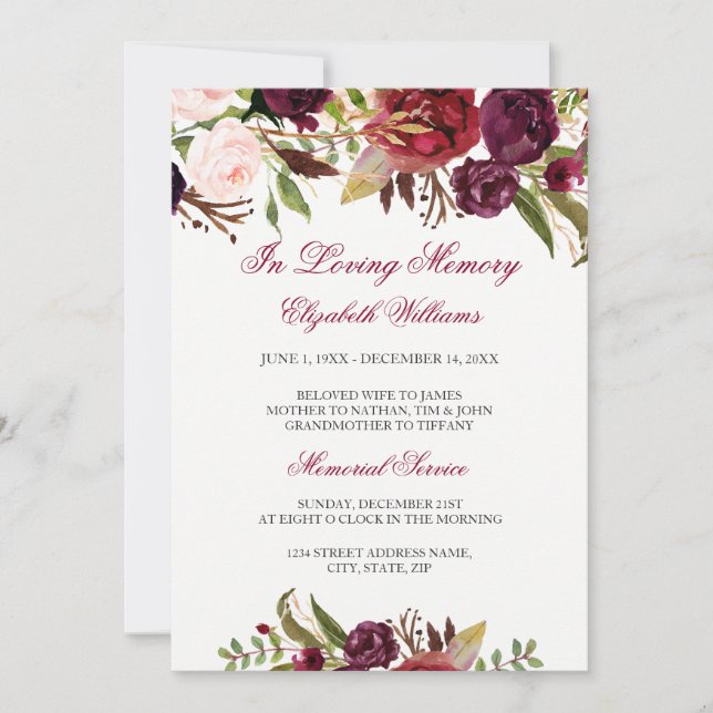 Invitación Elegante Servicio Memorial Floral Rojo Borgoña (Anverso)