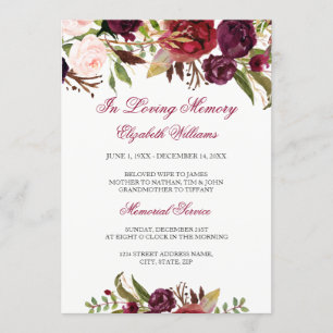 Invitación Elegante Servicio Memorial Floral Rojo Borgoña