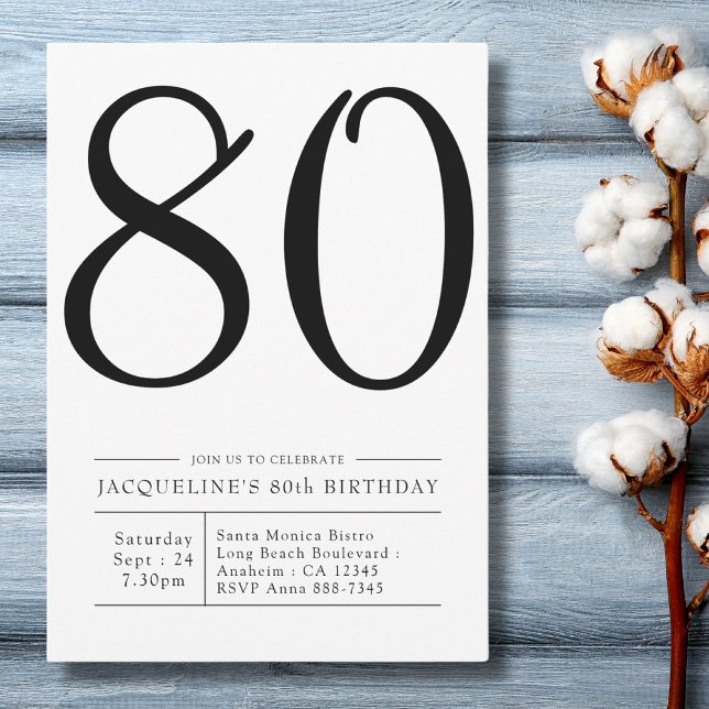Invitación Elegante setenta y ochenta años Fiesta simple (modern simple black and white 80th birthday party invitation on a blue wood background.)