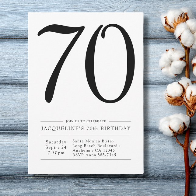 Invitación Elegante setenta y setenta años Fiesta simple (70th Birthday black and white invitation. Light blue plank background. )