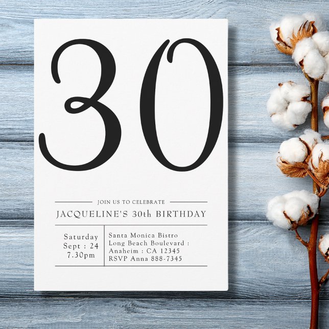 Invitación Elegante setenta y treinta años Fiesta simple (modern simple black and white 30th birthday invitation on a blue wood background.)