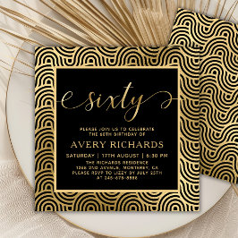 Invitación Elegante Sexty Script Negro y Oro 60 cumpleaños