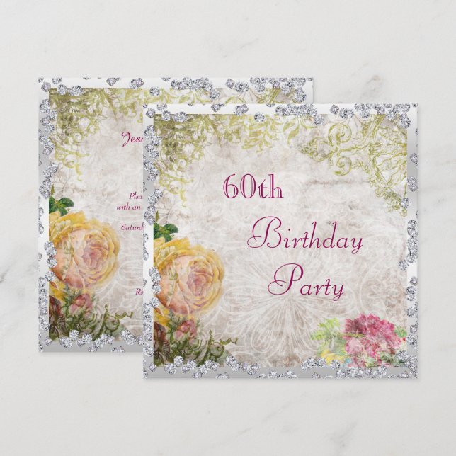 Invitación Elegante Shabby Chic Rosas y Diamantes 60 cumpleañ (Anverso / Reverso)
