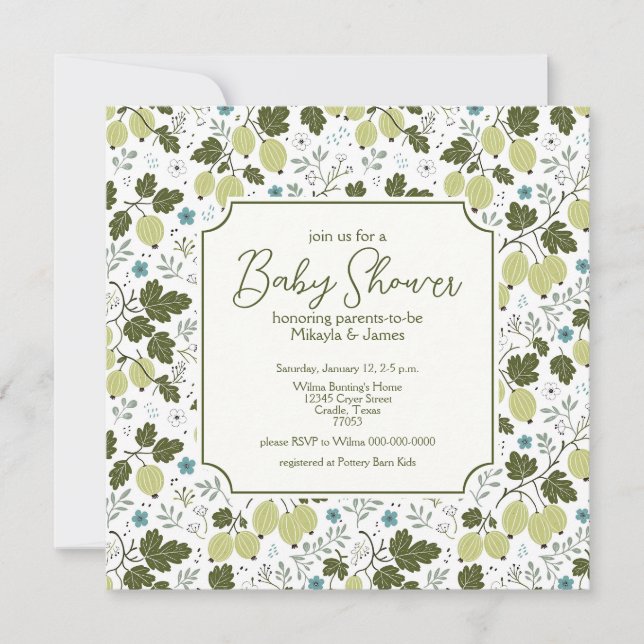 Invitación Elegante Shower de Bebé de Grosella y Flores Azule (Anverso)
