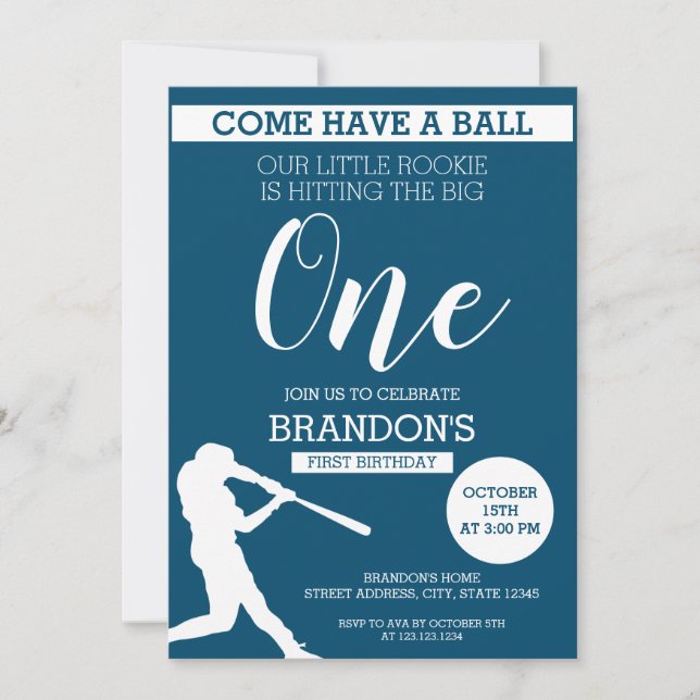 Invitación Elegante Silhouette Azul Béisbol Primer cumpleaños (Anverso)