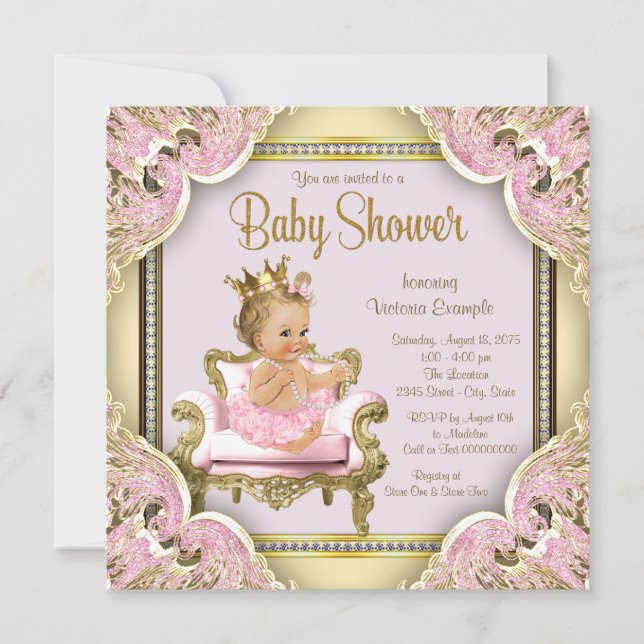 Invitación Elegante Silla Rosa Perlas Oro Rosa Baby Shower (Anverso)