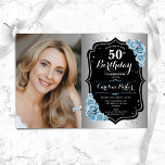 Invitación Elegante Silver Black Blue Photo 50 cumpleaños<br><div class="desc">Elegante invitación de 50 años floral femenina con tu foto. Diseño de vidrio con plata falsa. Cuenta con rosas azul polvoriento claro, fuente de guión y confeti. Perfecto para un elegante fiesta de celebración de cumpleaños. Personaliza con tus propios detalles. ¡Se puede personalizar para cualquier edad! Invitaciones Zazzle impresas o...</div>