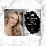 Invitación Elegante Silver Black Photo 50th Cumpleaños<br><div class="desc">Elegante invitación de 50 años floral femenina con tu foto. Diseño de vidrio con plata falsa. Cuenta con rosas blancas, fuente de guión y confeti. Perfecto para un elegante fiesta de celebración de cumpleaños. Personaliza con tus propios detalles. ¡Se puede personalizar para cualquier edad! Invitaciones Zazzle impresas o una plantilla...</div>