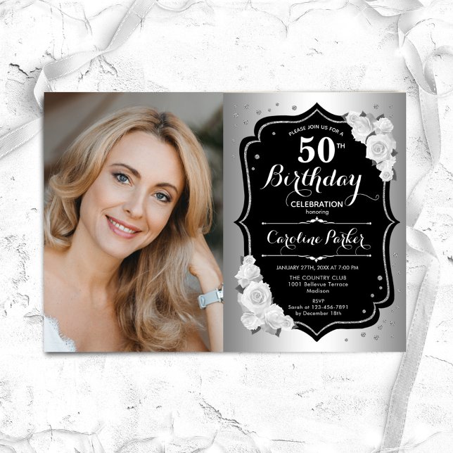 Invitación Elegante Silver Black Photo 50th Cumpleaños (Subido por el creador)