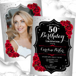 Invitación Elegante Silver Black Red Photo 50 cumpleaños<br><div class="desc">Elegante invitación de 50 años floral femenina con tu foto al fondo de la tarjeta. Diseño de vidrio con plata falsa. Cuenta con rosas rojas, fuente de guión y confiti. Perfecto para un elegante fiesta de celebración de cumpleaños. Personaliza con tus propios detalles. ¡Se puede personalizar para cualquier edad! Invitaciones...</div>