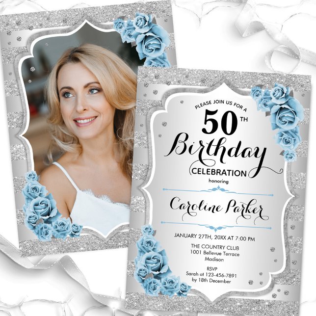 Invitación Elegante Silver Dusty Blue Photo 50 cumpleaños (Subido por el creador)