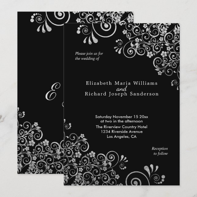 Invitación Elegante Silver Floral Swirls Boda negro (Anverso / Reverso)