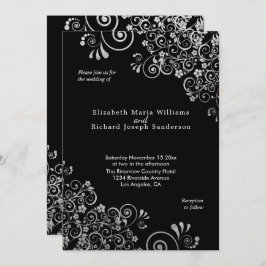 Invitación Elegante Silver Floral Swirls Boda negro