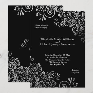 Invitación Elegante Silver Floral Swirls Boda negro